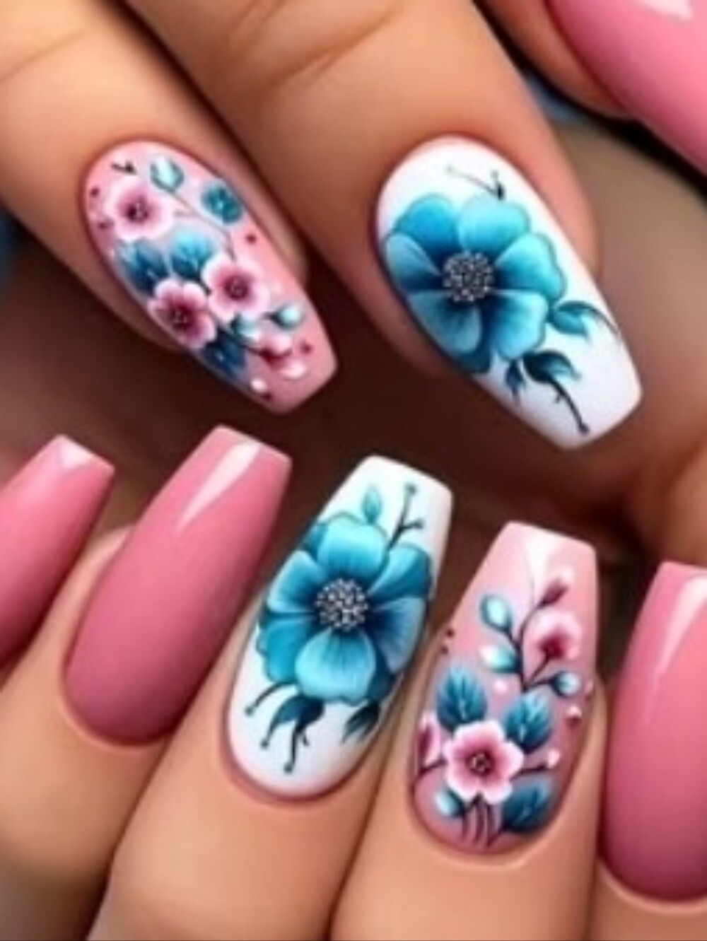 Pink & Blue Floral Press-On Nails